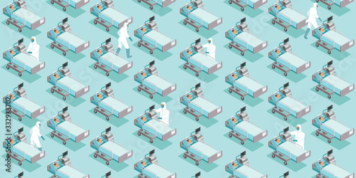 Paramedics working in huge hospital with contagious patients. Coronavirus COVID-19 disease outbreak concept 2019-nCoV SARS MERS. Flat vector seamless pattern