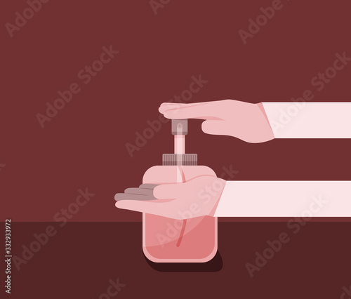 The young man is using a hand wash gel to wash and resist dirt from the corona virus or covid-19.  Illustration about wash hands.