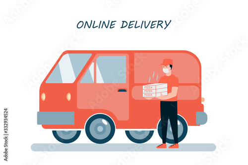 Restaurant or supermarket delivering pizza at doorstep in quarantine. Sitting home and Order online food at anytime. Man with mask delivering pizza on van poster.