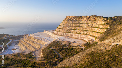 Aerial view of a gypsum quarry mine on the coast of Crete, Greece