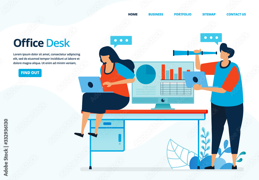 Vector human illustration of office desk. People are working in an