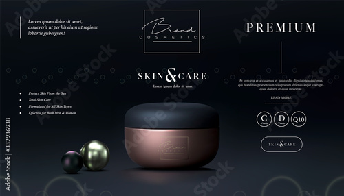 Elegant cosmetic black and gold background cream jar for skin care products. luxury facial cream. Beautiful flyer or banner design for cosmetic ads. Cosmetic premium cream template. Makeup brand.