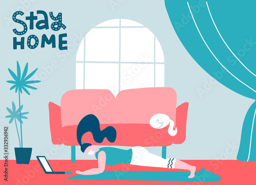 Sport exercise at home. Woman in medical mask doing workout indoor. Yoga and fitness, healthy lifestyle. Quarantine, stay at home, web banner, poster. Stop covid-19. Flat vector illustration