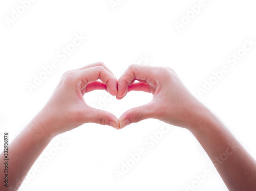 Heart symbol from hands on the white light box background  Concept for Love or Health.