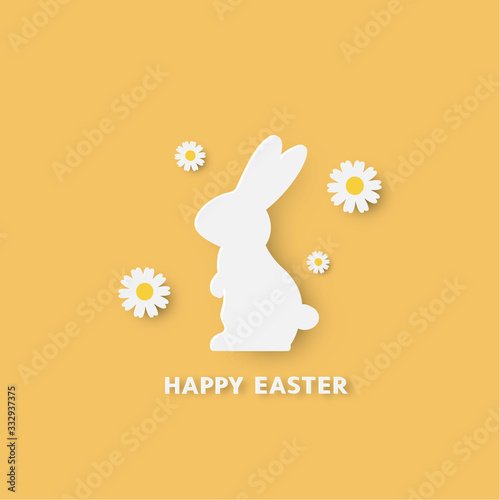 Happy easter paper cut style with bunny and flower that look cute on yellow background. For easter day, invitation, greeting card, posters and wallpaper. Vector illustration.