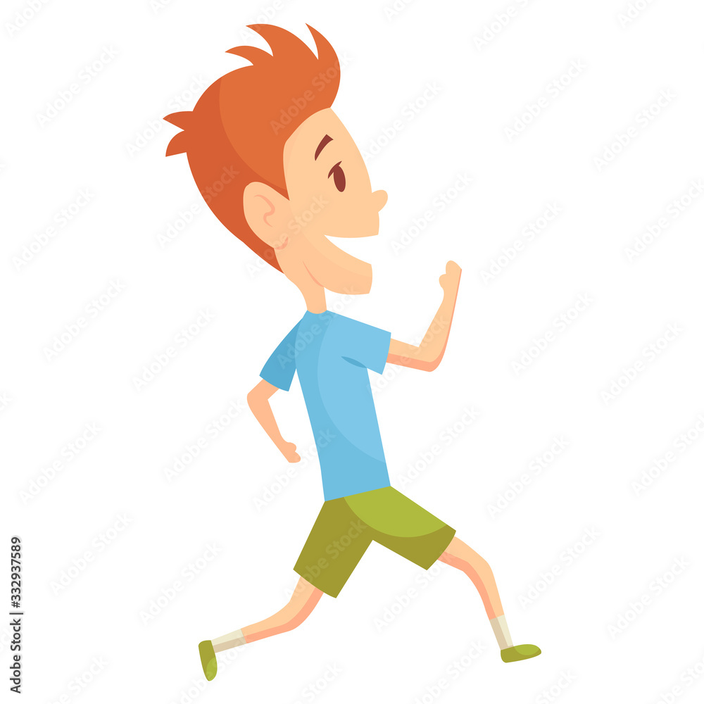 Fototapeta premium Fitness sport. Boy posing and making gymnastic exercises. Funny cartoon colorful character. Cute gymnastics for children and healthy lifestyle sport illustration. Vector happy kid fitness