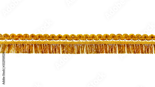 The fringe is golden yellow, with tassels and openwork weaving. Separate on a white background.