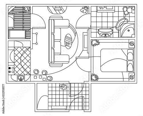 Architectural sketch flat plan top view with living rooms bathroom kitchen and lounge with furniture. Apartment With One Bedroom
