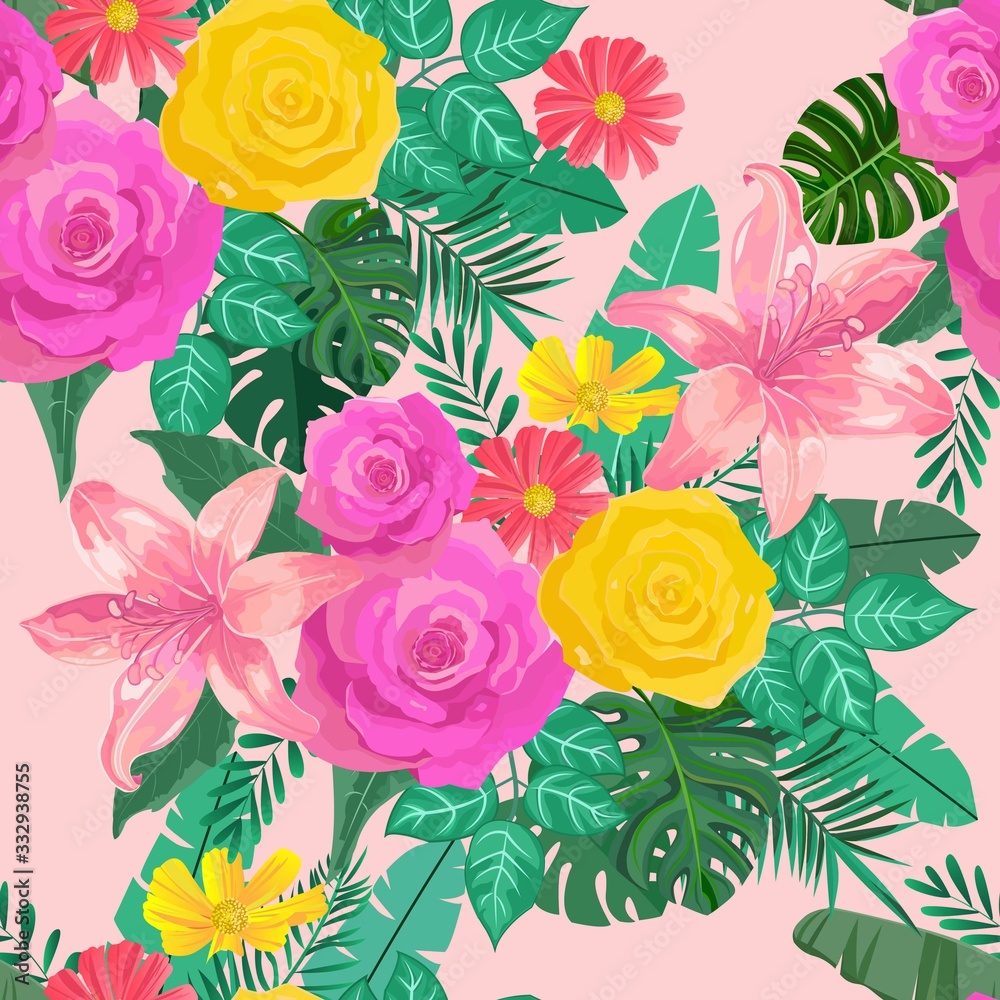Seamless pattern with roses and lilies on pink background.