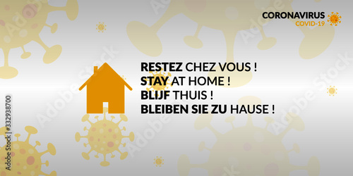 Fond d'écran/bannière restez chez vous multilingue (Français, Anglais, Néerlandais, Allemand). Design et couleurs flat - Jaune