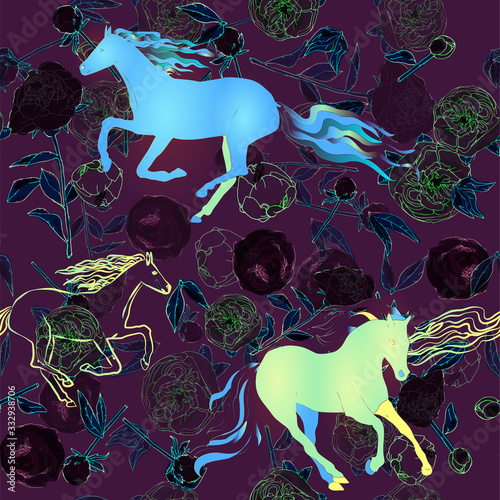 Horses and leaves, stems and inflorescences of peonies and roses vector illustration. Picture with pink, blue and white flowers on black background. Endless pattern.