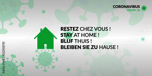 Fond d'écran/bannière restez chez vous multilingue (Français, Anglais, Néerlandais, Allemand). Design et couleurs flat - Vert