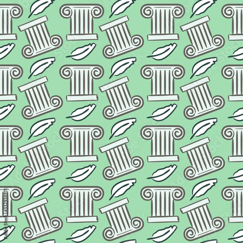 Seamless pattern on a historical theme. Ancient Greek columns and writing feathers on a blue background. Vector illustration for historical, archaeological, educational and training projects.
