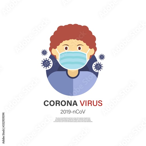 Corona virus in China.Sign caution coronavirus. Stop coronavirus , man in white medical face mask. Concept of corona virus quarantine. Observe safety measures in public places. Vector illustration