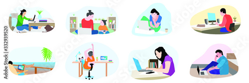 Freelance people working from home or beach set vector flat conceptual illustration. relaxed pace, convenient workplace. Self employed concept. Prevent Infection Spreading Isolated | Coronavirus