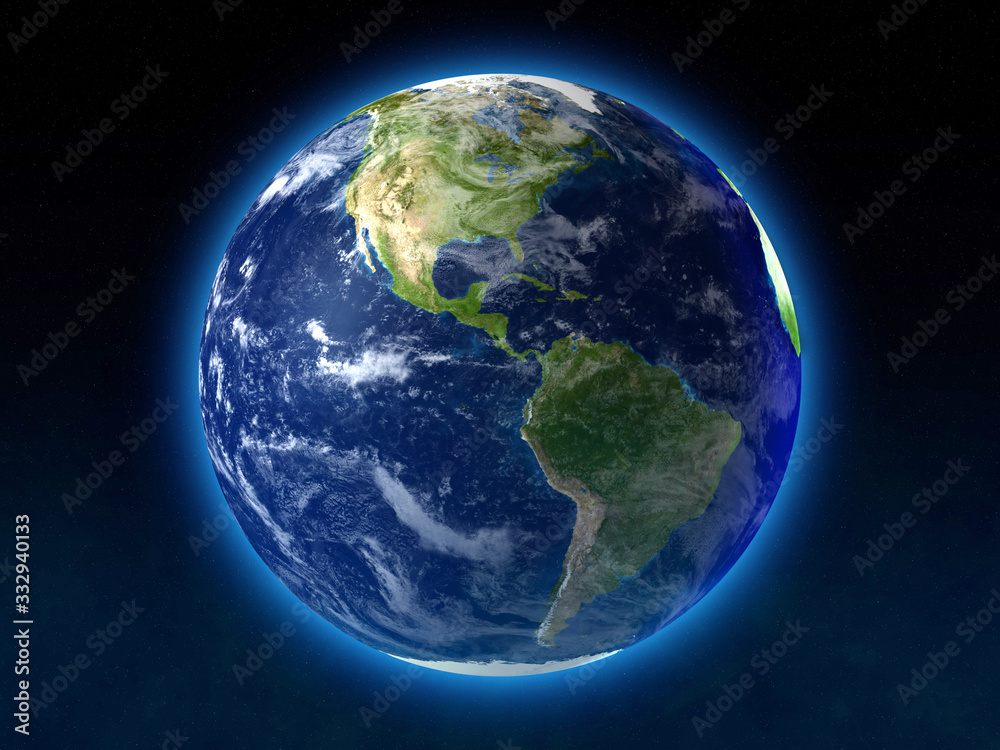 The Planet Earth. America View. High resolution 3D render of Planet Earth. Natural colors, clouds cover, star background. All maps comes from http://visibleearth.nasa.gov/
