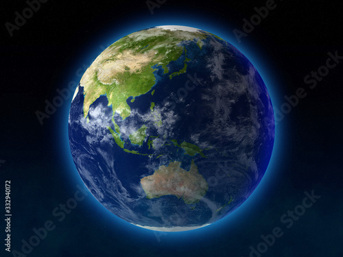 The Planet Earth  Europe and Asia View. High resolution 3D render of Planet Earth. Natural colors  clouds cover  star background. All maps comes from http   visibleearth.nasa.gov 