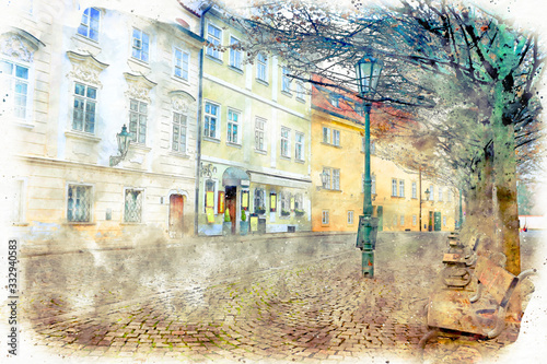 Canvas Print watercolor style and abstract illustration of Prague alley with old houses, anti