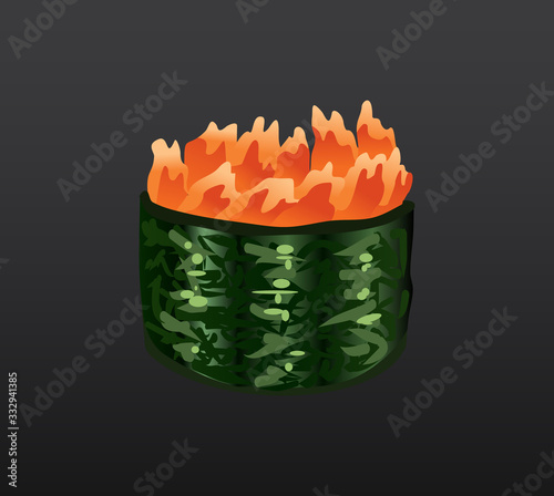 3D Sushi roll traditional seaweed fresh raw food. Japanese seafood sushi roll. Classical asian food. Sushi roll with salmon ris and nori