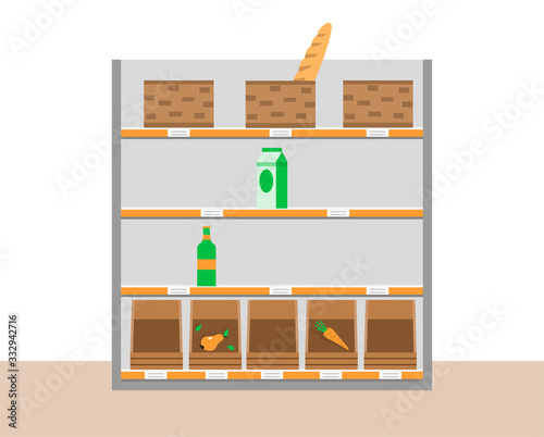 Empty shelves in the supermarket. No food or essentials in the store. Lack of products. Financial crisis, war, epidemic virus. Flat vector illustration on white layer isolated.