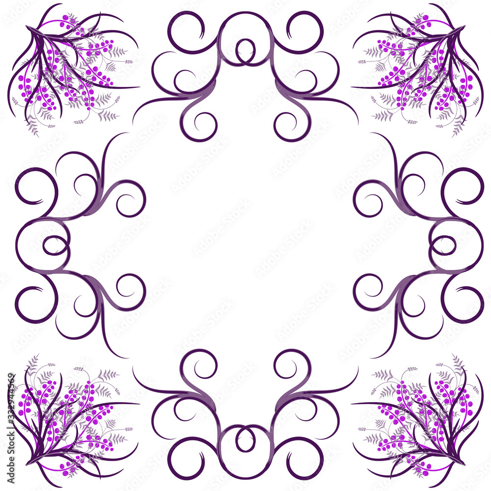 frame with floral patterns, swirls of lilac and purple