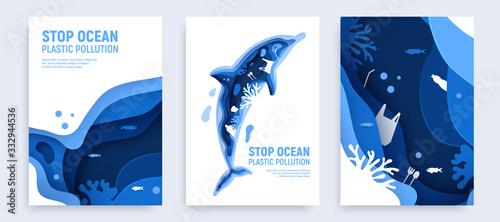Ocean plastic pollution banner set with dolphin silhouette. Paper cut dolphin with plastic rubbish, fish, bubbles and coral reefs isolated on white background. Paper art vector illustration
