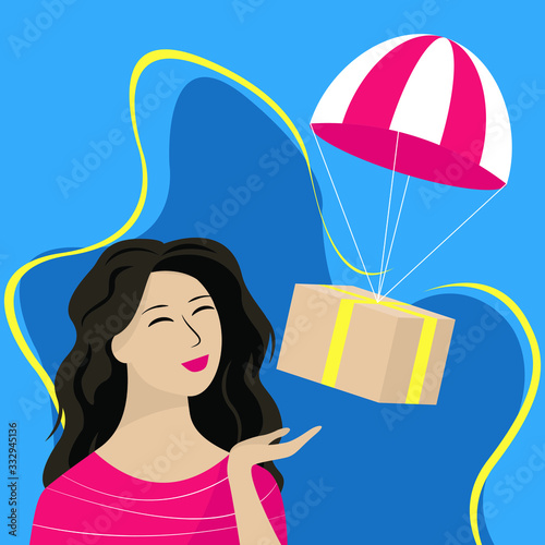 Concept of Fast Delivery Service, Parcels Delivery, contactless delivery. Woman receives Packages flying on parachutes.Flat elements isolated vector illustration.