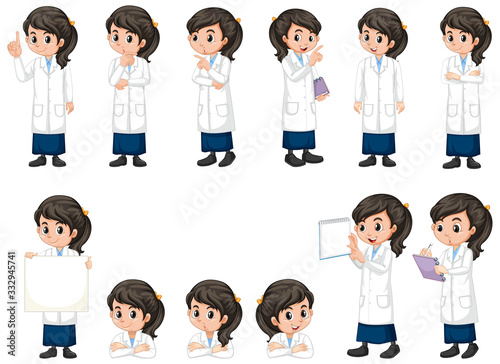 Girl in science gown doing different poses on white background