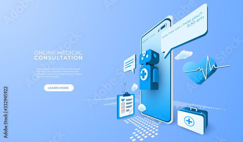 Digital technology online medical consultation. mobile application concept. people calls doctor. 3d perspective vector illustration.