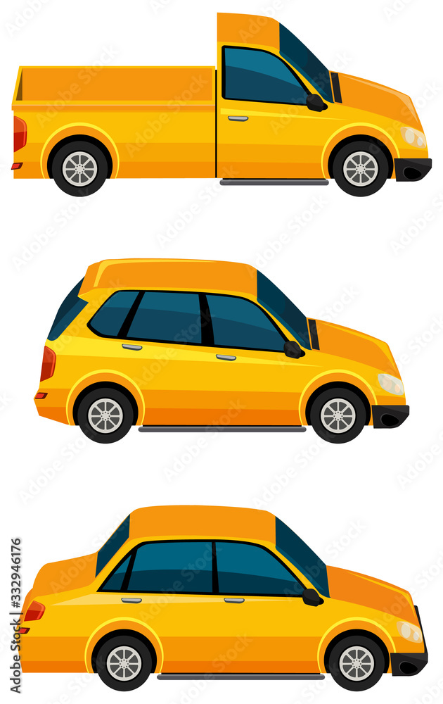 Set of yellow cars on white background