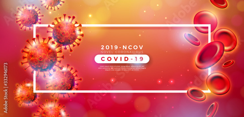 Covid-19. Coronavirus Outbreak Design with Virus and Blood Cell in Microscopic View on Shiny Red Background. Vector 2019-ncov Corona Virus Illustration on Dangerous SARS Epidemic Theme for Banner.