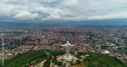 Drone shot of the Cochabamba, Bolivia christ. Point of interest. photo