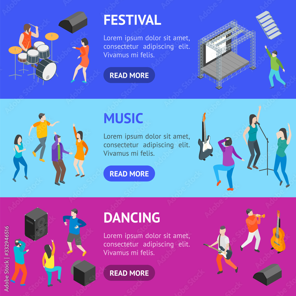 Music Festival Concept Banner Horizontal Set 3d Isometric View. Vector