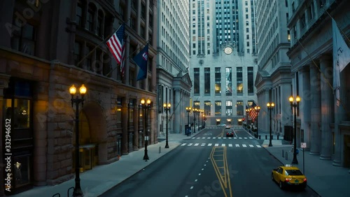 Stay-at-Home Order due Covid-19. Aerial view of deserted streets in The Loop, Downtown Chicago.