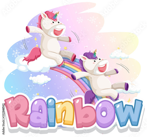 Font design for word rainbow with two unicorns on the rainbow