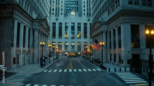 Stay-at-Home Order due Covid-19. Aerial view of deserted streets in The Loop, Downtown Chicago.