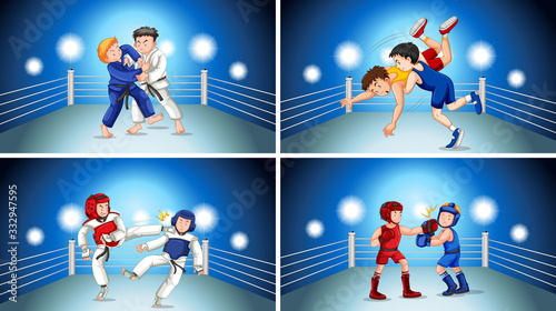 Four scenes with different types of martial arts