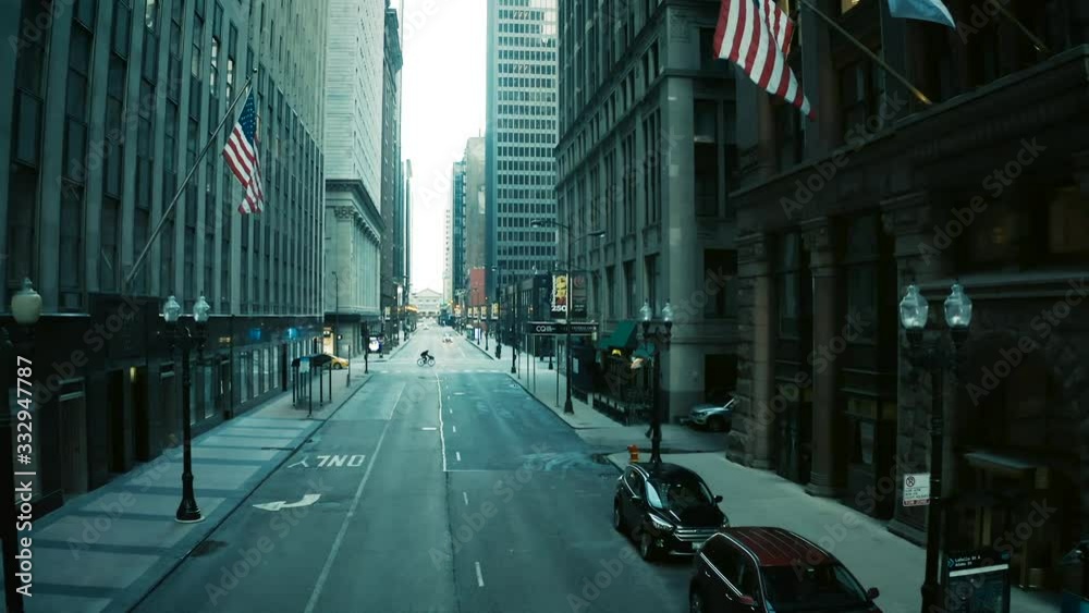 Chicago, Illinois, USA - 03/23/2020: Stay-at-Home Order due Covid-19. Aerial view of deserted streets in The Loop, Downtown Chicago.