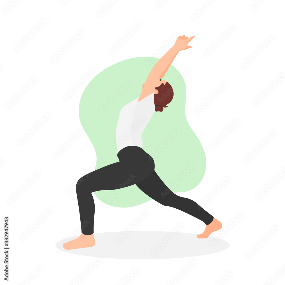 Young woman doing a yoga warrior pose. Side view of yoga position. Back bend. Healthy lifestyle concept. Workout training exercise. Female gym instructor - Flat design vector character illustration. Young woman doing a yoga warrior pose. Side view of yoga position. Back bend. Healthy lifestyle concept. Workout training exercise. Female gym instructor - Flat design vector character illustration.