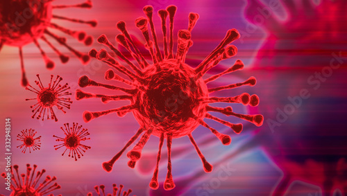 Image of Flu COVID-19 virus cell under the microscope on the blood.Coronavirus Covid-19 outbreak influenza background.Pandemic medical health risk concept with disease cell as a 3D render.