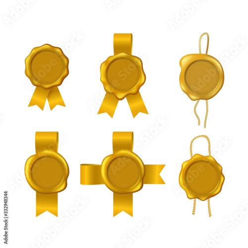 Realistic 3d Detailed Yellow Wax Seals Rope Ribbons Set. Vector