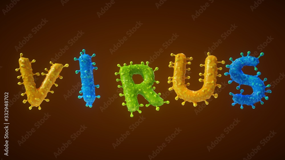 virus word shaped virus or bacteria cell. 3D illustration,
