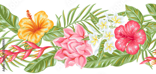 Seamless pattern with tropical flowers and leaves.