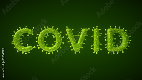 covid word shaped virus or bacteria cell. 3D illustration,