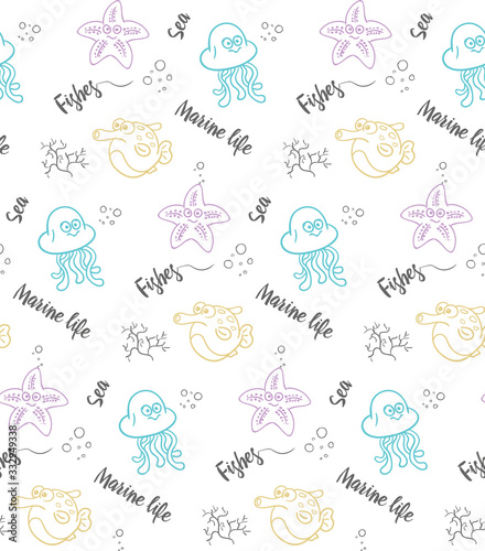 Seamless texture with draw fishes. Prints for textiles with sea inhabitants. Printing on fabric. Illustration for wallpaper for children.
