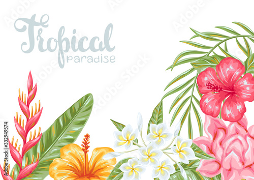 Background with tropical flowers and leaves.