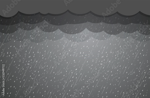 Heavy rain in dark sky, rainy season, clouds and storm, weather nature background, Flood natural disaster, vector illustration. 
