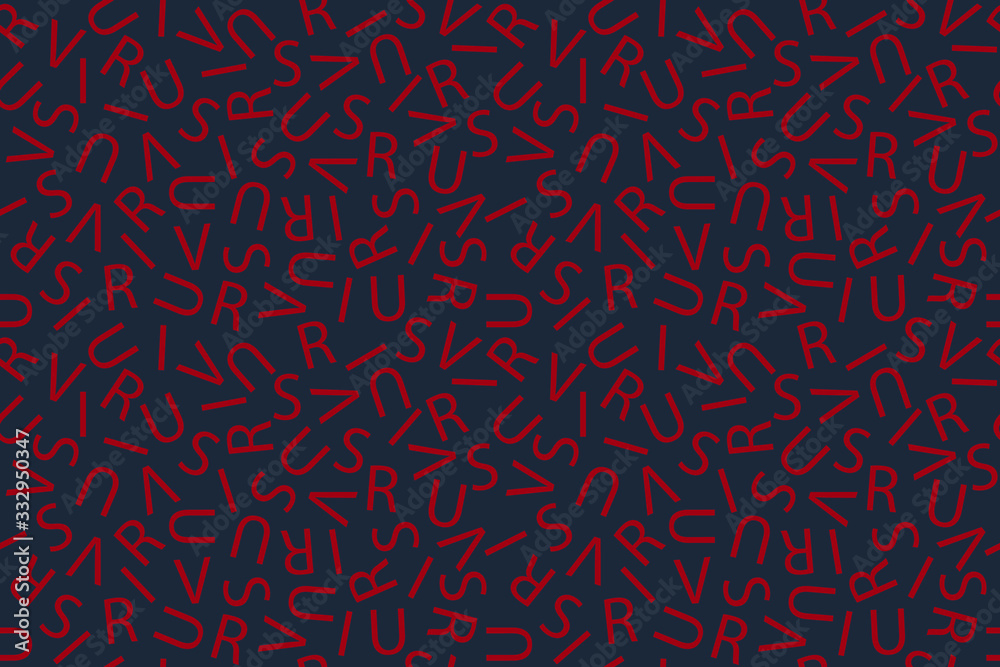 Virus. A seamless pattern of the letters of the word 'virus'; typographic background. Variation in gray and red, smaller letters.
