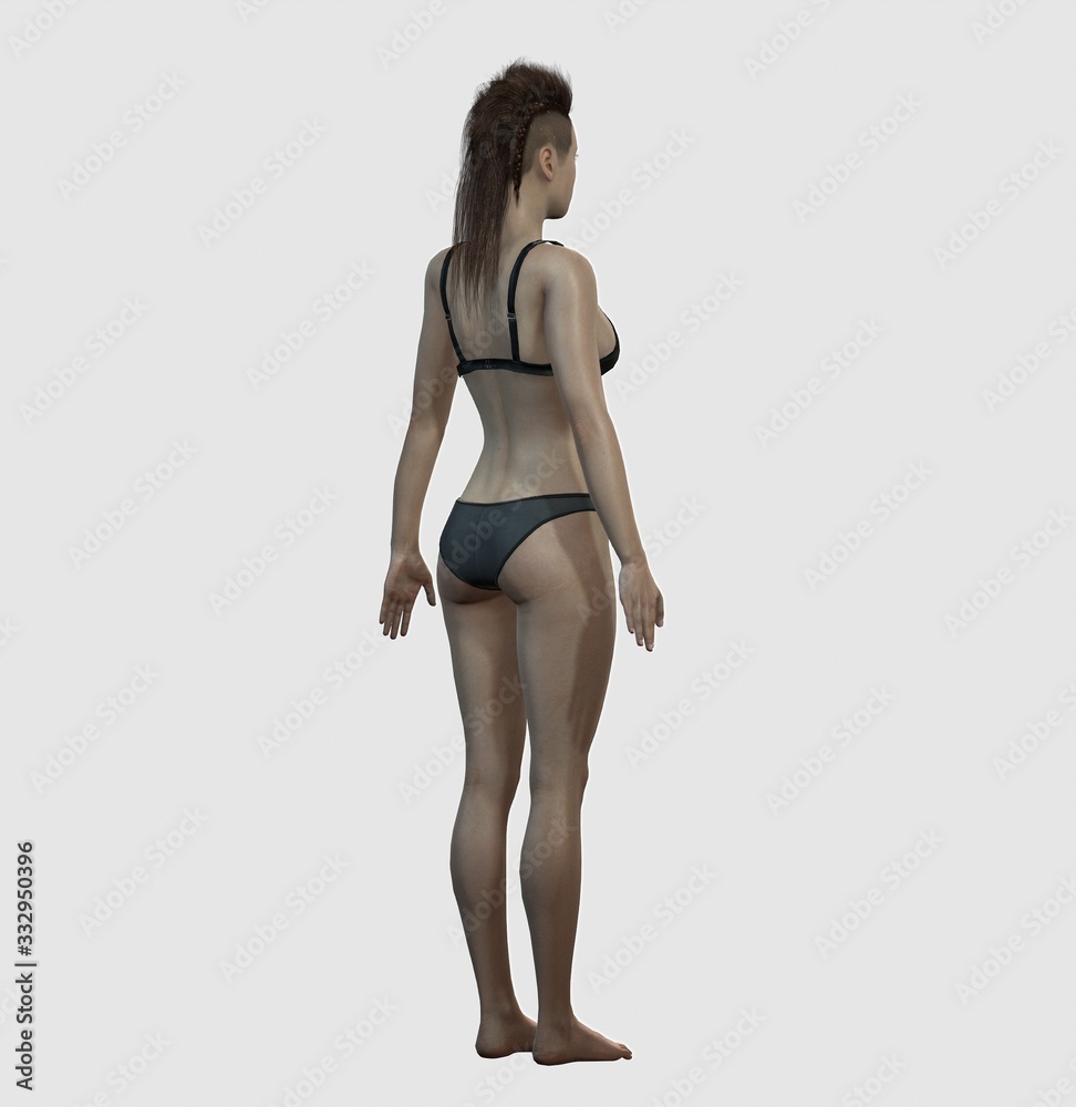 back view of sporty woman model in underwear. 3d illustration