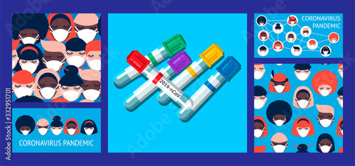 set of five templates with people of different nationalities in white medical face masks and test tubes on blue background. Coronavirus pandemic. Covid-19.